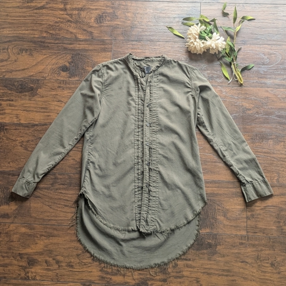 NSF x Barneys New York Frayed Hem Long Sleeve Button Down Top